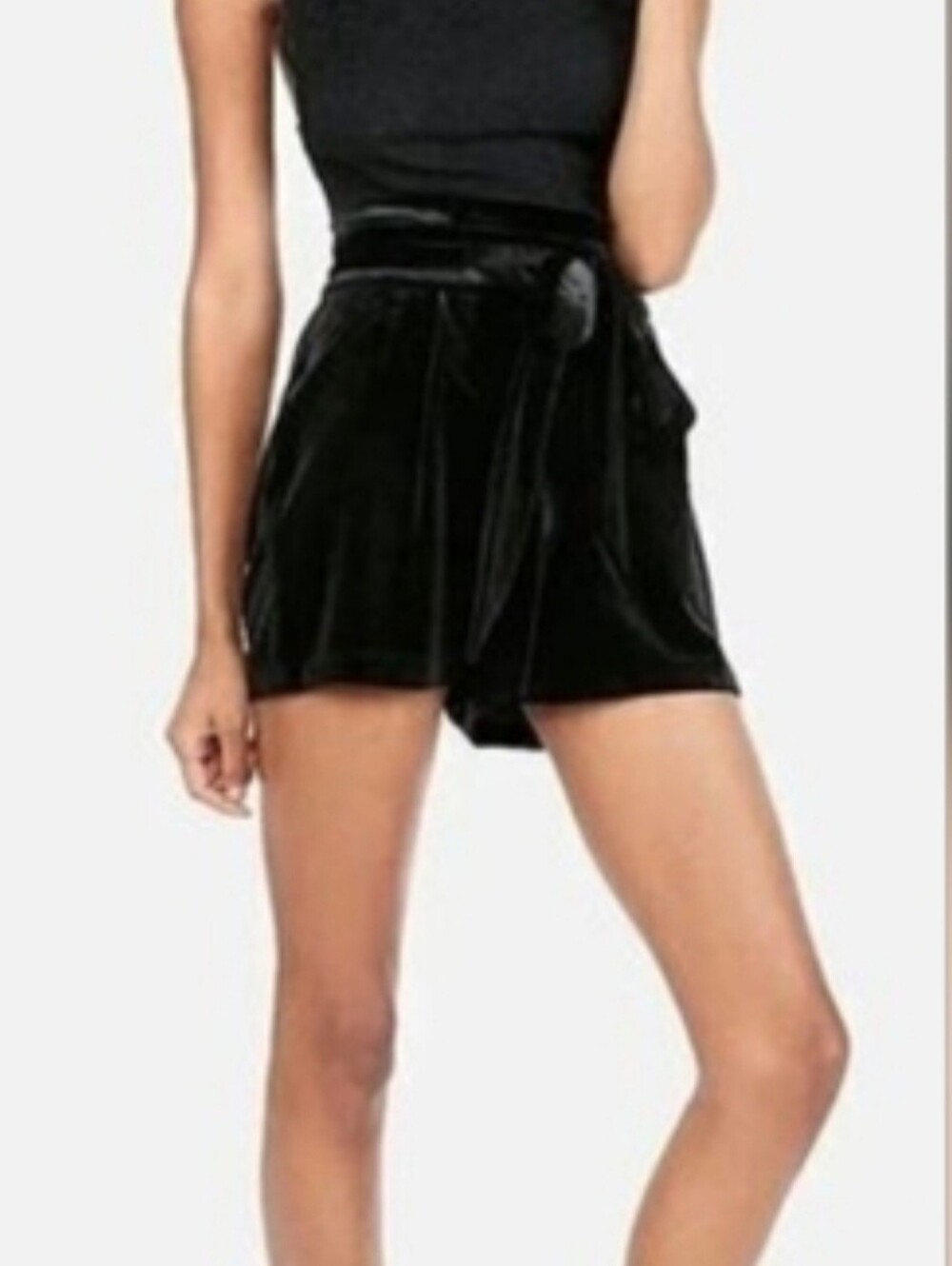 Express Womens 4 Black Velour Shorts Midi High Rise Tie Belt Flirty Party Club